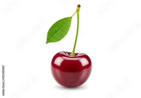 Fototapeta A single cherry with a stem and leaf isolated on a white background in a close up studio shot view