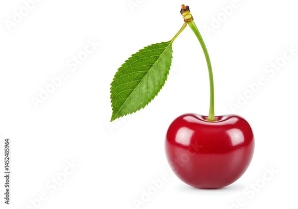 Fototapeta A single red cherry with a green leaf on a long stem isolated against a white background view close up