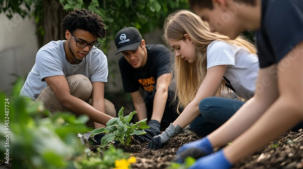Fototapeta 14. A group of diverse young adults participating in a community service project, emphasizing social inclusion (4)