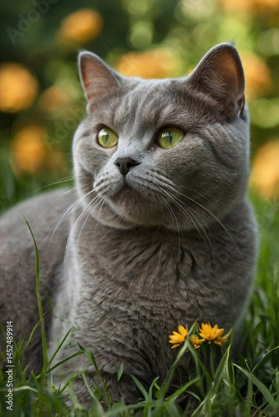 Fototapeta A British Shorthair cat with a plush, dense coat of solid gray fur.