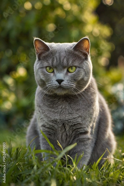 Fototapeta A British Shorthair cat with a plush, dense coat of solid gray fur.