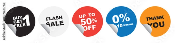 Fototapeta Collection of multicolor round sticker label include  up to 50 percent  off Black Friday sale  for marketing discount special off to customer in end year sale , midnight sale concept.
