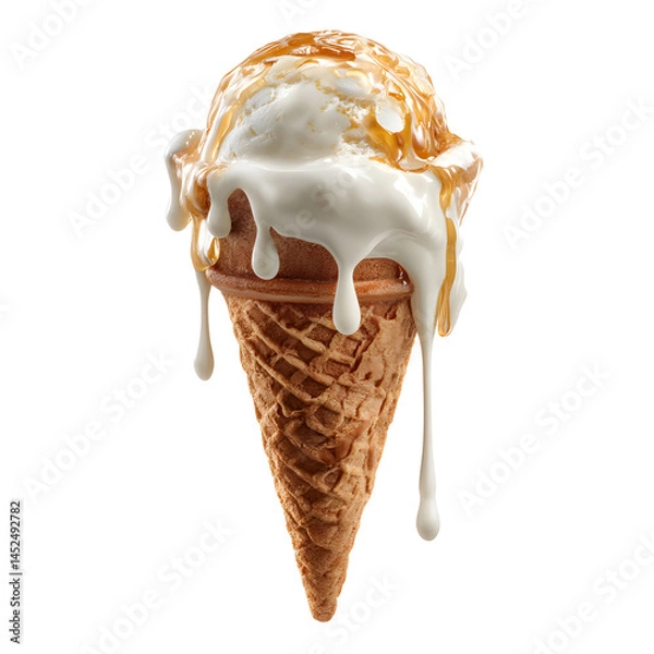 Fototapeta Scoop of ice cream in a waffle cone with caramel and sweet, white syrup dripping down.