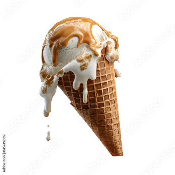 Fototapeta A delectable ice cream cone dripping with caramel sauce against a stark black background.