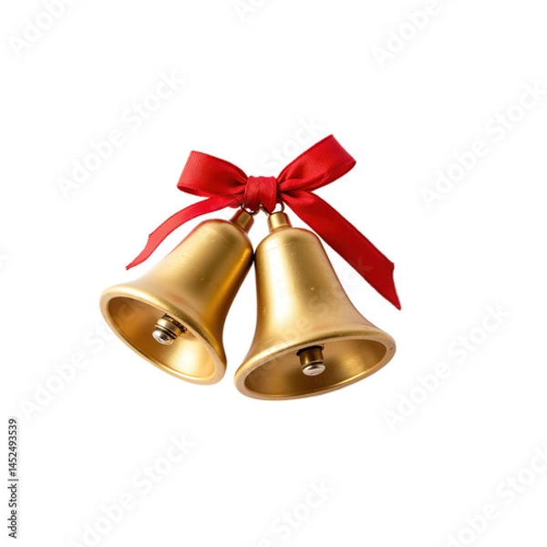 Obraz Two golden bells with a red ribbon tied around them, perfect for holiday decorations.