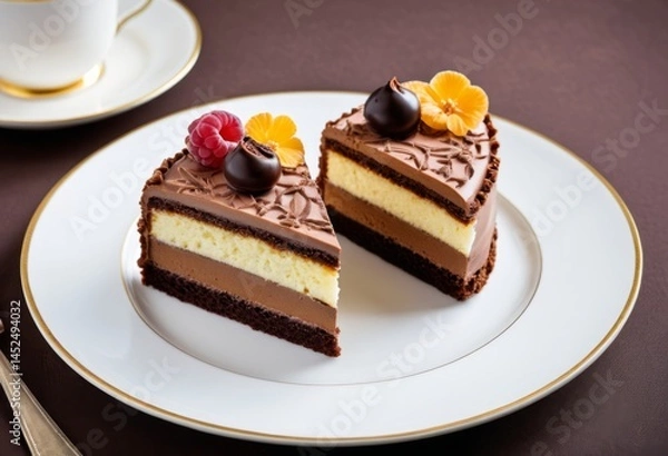 Fototapeta A plate of two cakes contains a cup of coffee