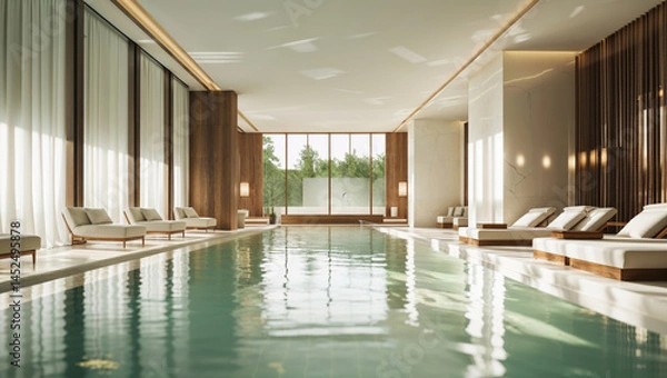 Fototapeta Luxurious indoor swimming pool with modern architecture and relaxing lounge chairs.