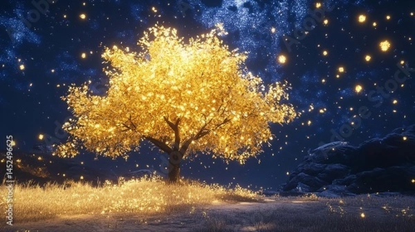 Obraz Golden tree glowing under a starry night magical fantasy scene ethereal lights dark blue sky digital art
