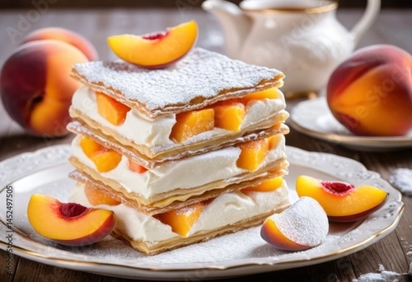 Fototapeta A plate of peaches is topped with a stack of desserts