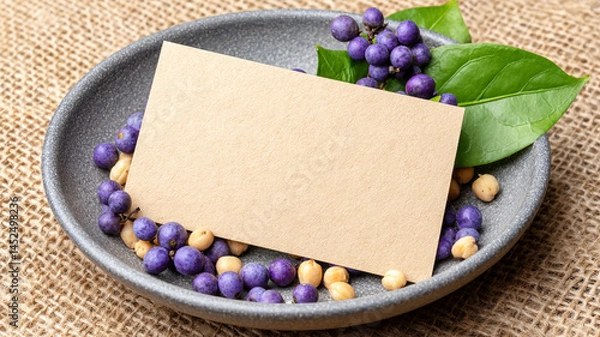 Fototapeta Neutral toned setting featuring blank card placed on plate filled with purple berries and green leaves, creating serene and inviting atmosphere for branding or quotes