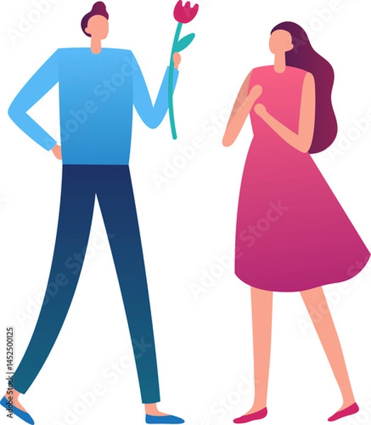 Fototapeta Young man presenting a single flower to a surprised young woman in a colorful vector illustration capturing love, romance, and joyful togetherness