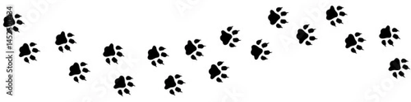 Fototapeta Vector paw trail of wild animal footprint. Lion tracks in silhouette isolated on white background. Long horizontal illustration with lion, dog, wolf or other animal footsteps.