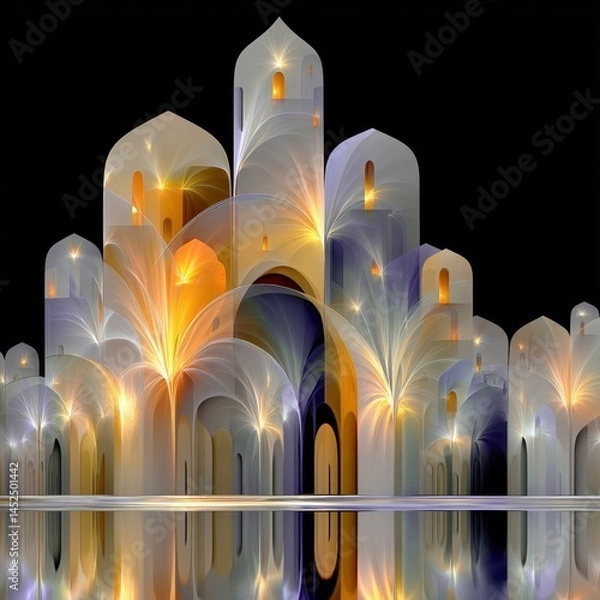 Fototapeta Minimalist illustration of a fantasy village and its reflection with glowing buildings and fractal embellishments, in orange, yellow, blue, purple and black