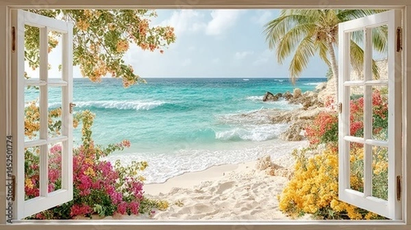 Fototapeta cozy window perspective, countryside through window, floral window frame view Ocean view from an open window with flowers.