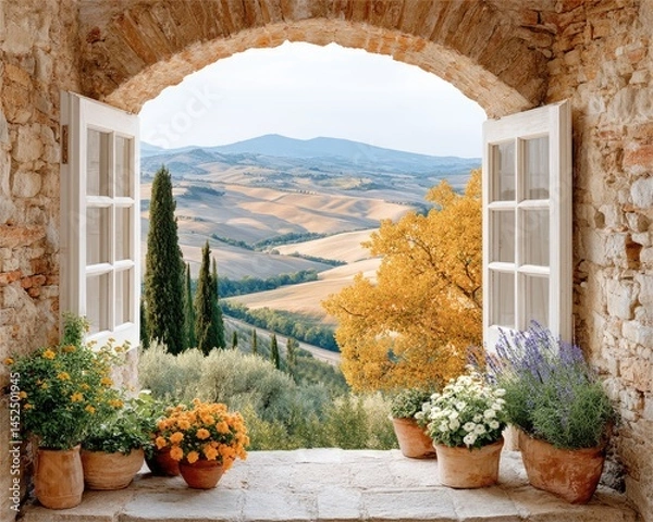 Obraz cozy window perspective, countryside through window, floral window frame view Scenic view from a rustic window.