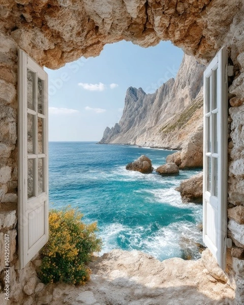 Fototapeta cozy window perspective, countryside through window, floral window frame view Scenic view through stone arch overlooking ocean.