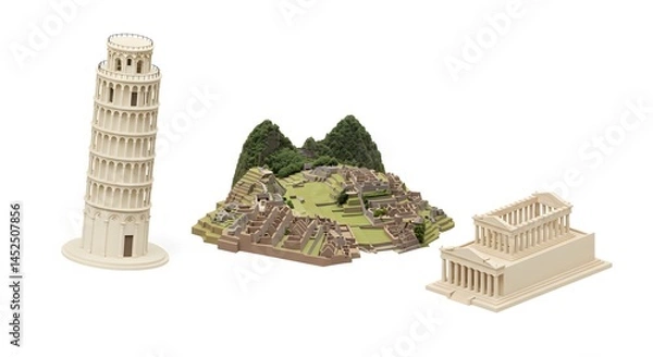Obraz World Landmarks Leaning Tower of Pisa, Machu Picchu, Parthenon