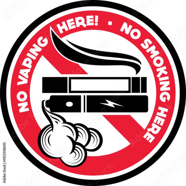 Fototapeta No smoking no vaping sign. Forbidden sign, in this area sign icon isolated on white background vector red label illustration. Cigarette, vape and smoke and in prohibition circle.