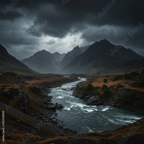 Fototapeta Dark Moody River Landscape with Stormy Clouds and Mountains