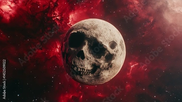 Obraz A skull shaped moon looms in a crimson nebula a cosmic horror scene Dark eerie space art