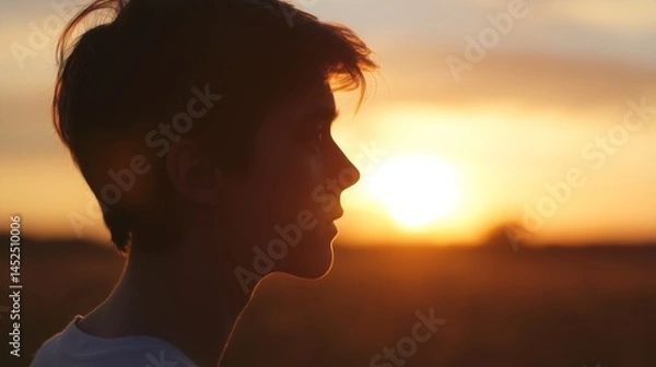 Fototapeta Sunset reflection of a young person outdoor field photograph tranquil environment side view