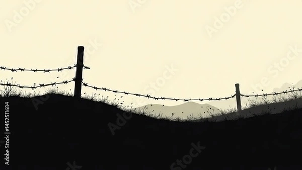 Obraz Silhouette of barbed wire and wooden stake on the ground. War and prison element landscape background