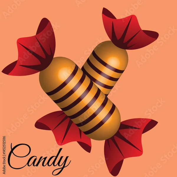 Fototapeta Two colorful, striped, cylindrical candies with red twisted wrappers on both ends, in a crisscross arrangement.