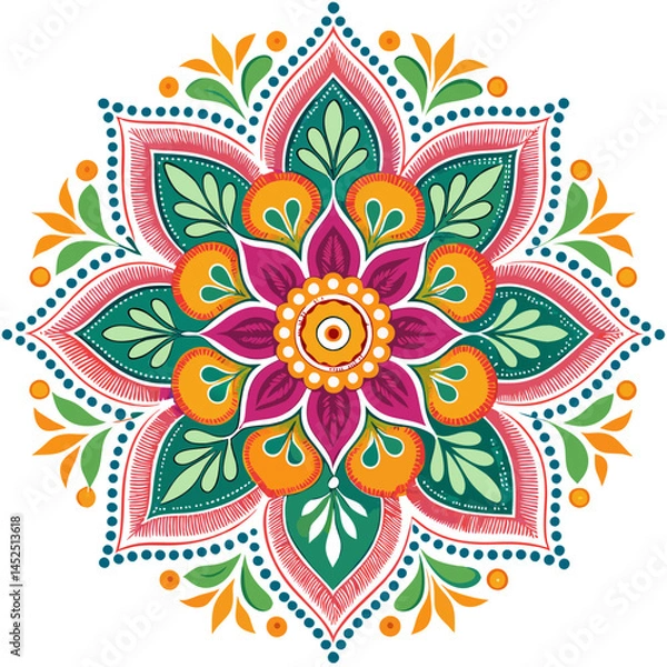 Fototapeta Design a bold, vector rangoli flower pattern with thick strokes.  Create a vibrant, symmetrical design suitable for printing.
