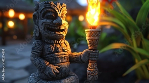 Obraz Tiki God Statue Holding Flaming Torch at Dusk Warm Light and Lush Foliage Background