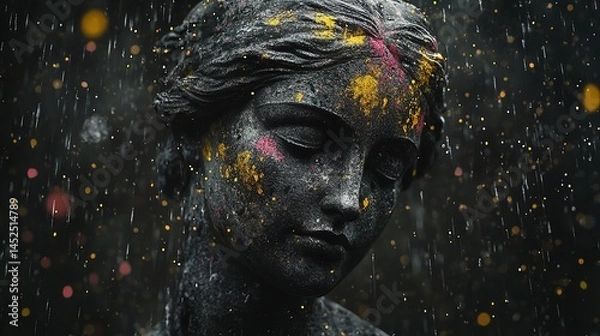 Obraz Serene stone angel rain kissed vibrant hues paint a poignant memory dark background artistic shot