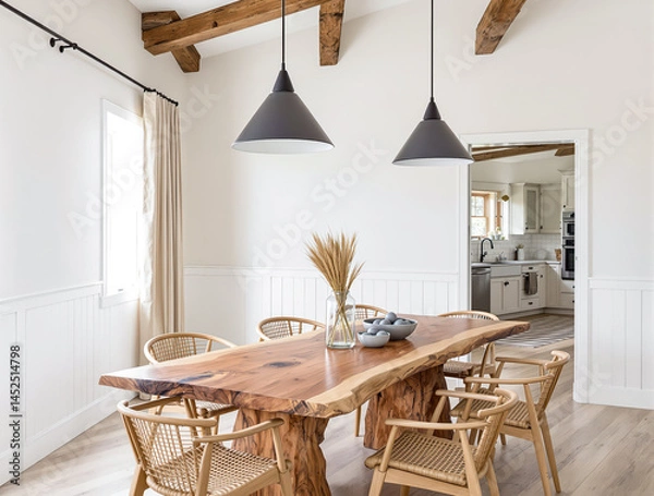 Obraz rustic live edge wood dining table with wicker chairs in a bright room