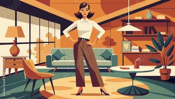 Fototapeta A woman is standing in a room with a potted plant and a couch. She is wearing a white shirt and green pants