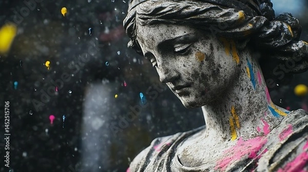 Obraz Weathered stone angel statue splashed with vibrant paint evokes mystery and resilience under a rain like