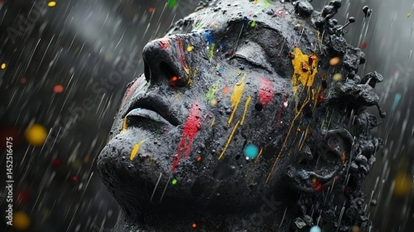 Obraz A painted face uplifted in rain finding peace amidst the storm dark textured vibrant colors