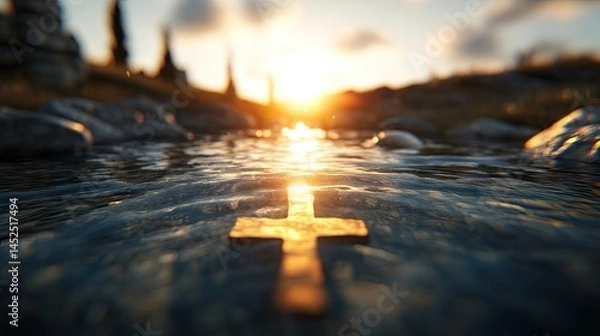 Fototapeta Golden cross in a tranquil stream at sunset