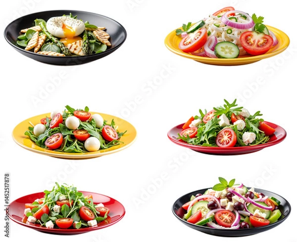 Fototapeta Fresh Salad Assortment with Egg, Mozzarella, Cucumbers, and Tomatoes on Colorful Plates – Isolated on Transparent Background