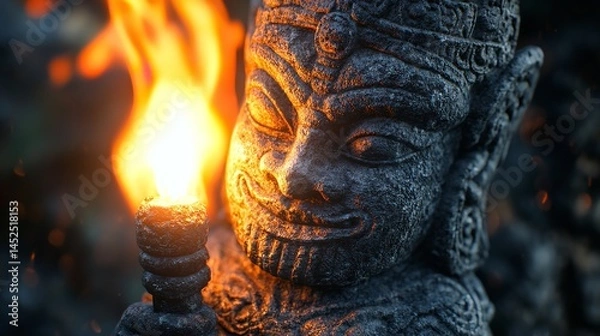Obraz Ancient stone guardian holding a fiery torch illuminated by warm flames in the night detailed textures