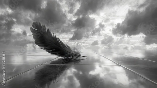 Obraz A single feather rests on reflective tiles under a dramatic sky a poignant monochrome scene of peace and