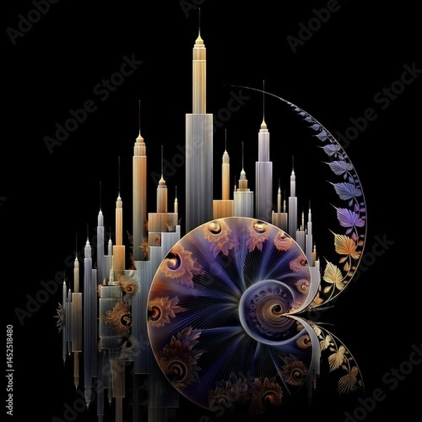Fototapeta Illustration of a fantasy city skyline in saturated colors on a black background, with lots of fractal ornamentation