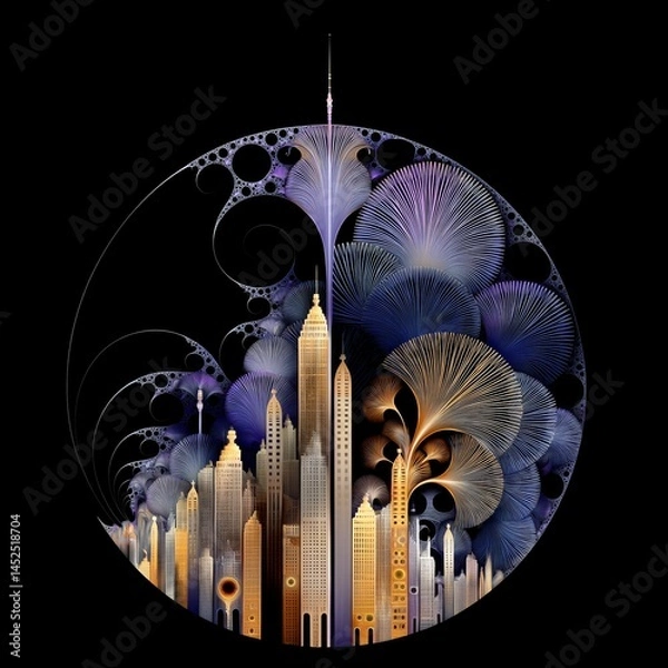 Fototapeta Illustration of a fantasy city skyline in saturated colors on a black background, with lots of fractal ornamentation