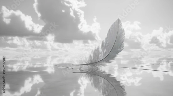 Obraz Serene feather floats on tranquil water reflecting cloudy sky peaceful monochrome image soft light