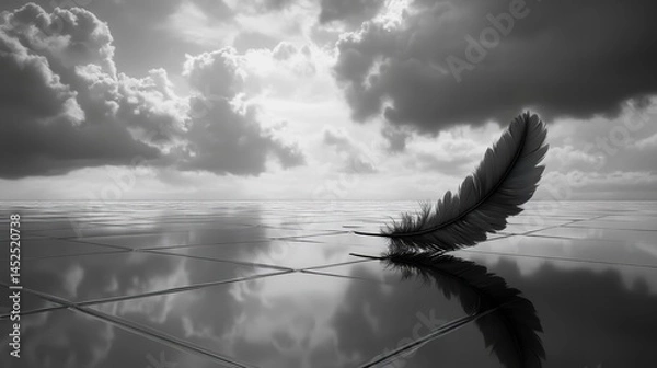Obraz Serene feather floats on calm water reflecting dramatic sky peaceful monochrome ethereal beauty