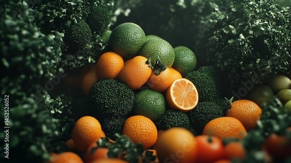 Obraz Vibrant oranges limes nestled in lush broccoli a healthy harvest scene with dark moody lighting and rich