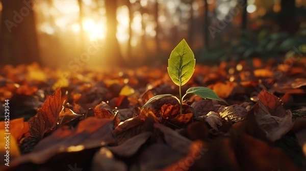 Obraz A tiny sprout emerges a symbol of hope amidst autumn leaves bathed in warm sunset light showcasing resilience