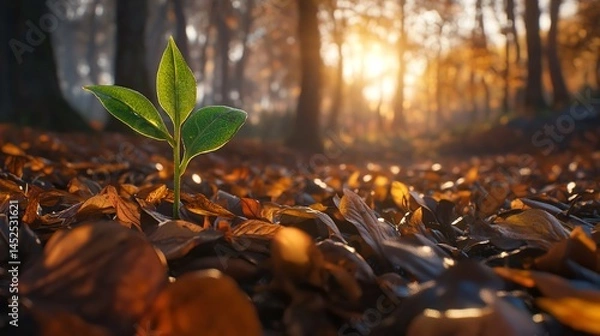 Obraz A tiny sprout emerges a symbol of hope amidst fallen autumn leaves in a sun drenched forest warm golden light