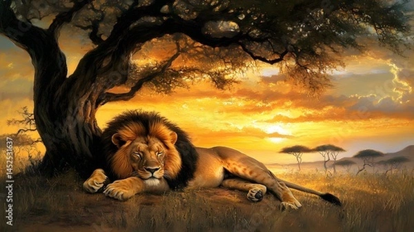Fototapeta A tranquil scene of a lion peacefully napping under an acacia tree, with the savanna lit by the warm glow of a setting sun.