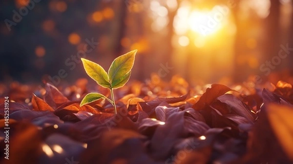 Obraz New life emerges amidst autumn leaves bathed in warm sunset light a vibrant scene of hope and renewal