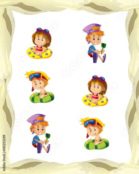 Fototapeta cartoon frame with children on the beach playing space for text