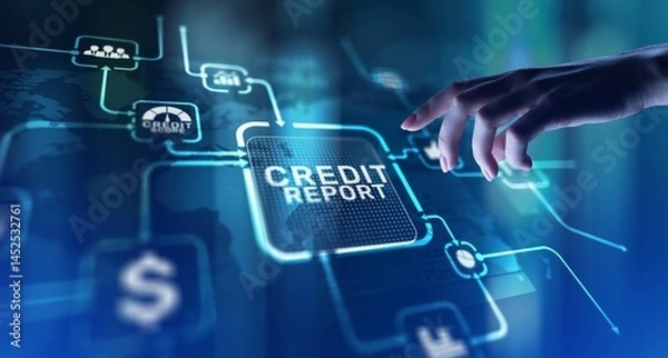 Fototapeta Credit Report Evaluating Financial Health and Creditworthiness, projection on a virtual screen, Business and Technology Concept.