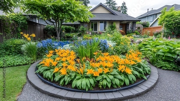 Fototapeta Colorful flower garden in front of a home